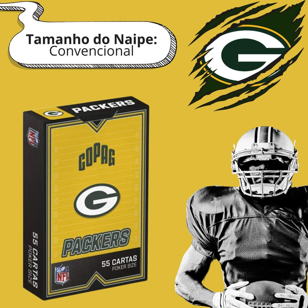 BARALHO NFL GREEN BAY PACKERS 55 CARTAS POKER SIZE COPAG FUTEBOL AMERICANO FOOTBALL TEMÁTICO FÃ EUA