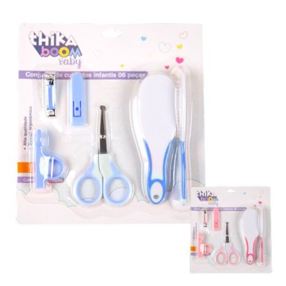 Kit Higiene Cuidados Recém Nascido Bebê Saúde Estojo Presente Escova Pente Tesoura Unhas Azul Rosa