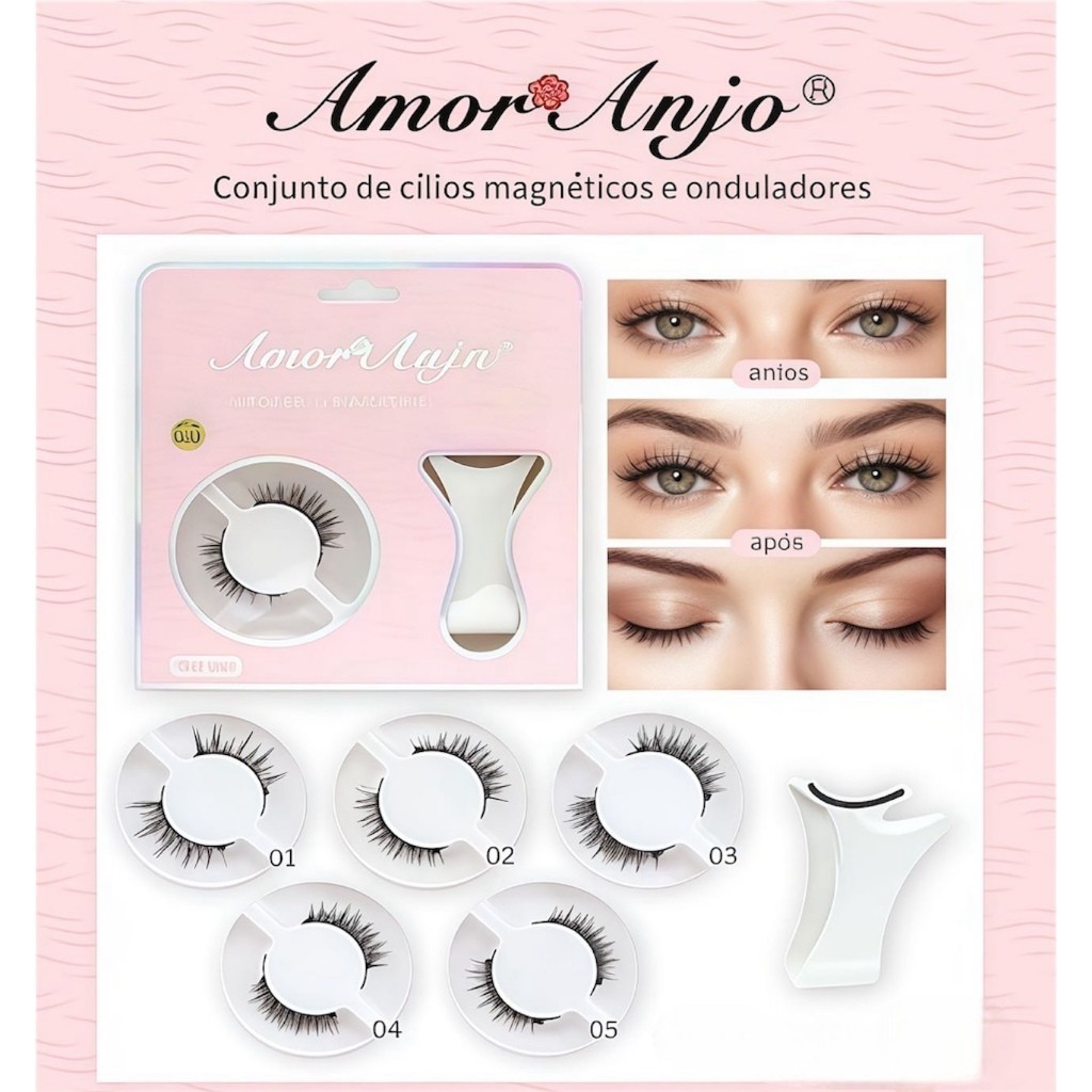Conjunto de Cílios Magnéticos e Onduladores Amor Anjo - 5 Modelos Naturais e Volume 3D