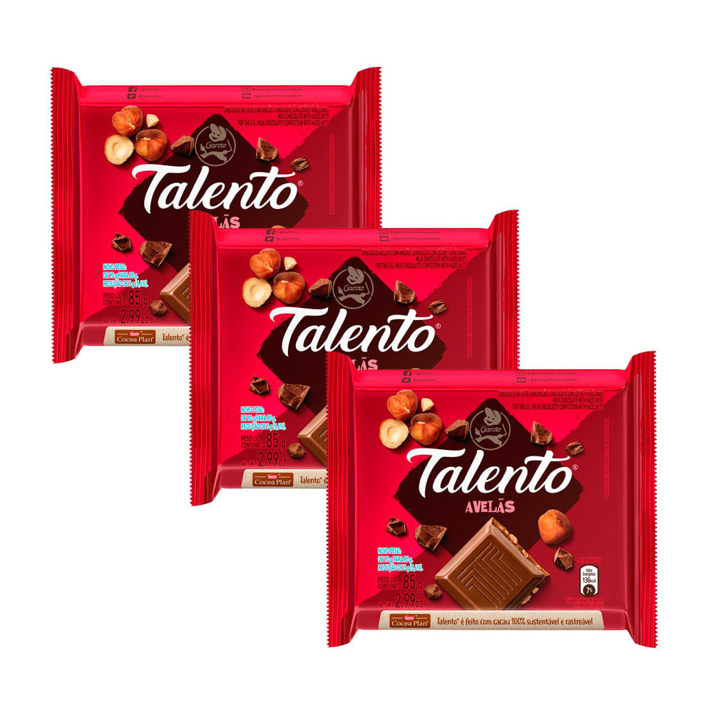 Kit 3 Chocolate Garoto Talento ao Leite com Avelãs 85g - Food & Beverages