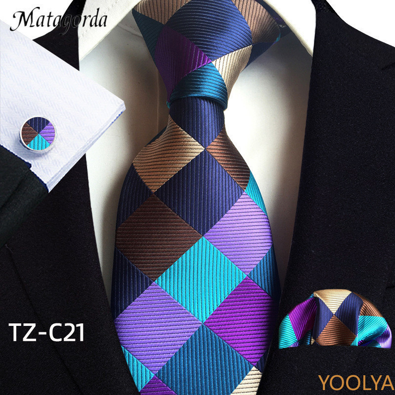3 Pçs/Set Gravatas Masculinas 8cm Azul Xadrez Ponto Listrado Gravata Lenço Abotoaduras Conjunto Festa De Casamento — imagem 2 de 2