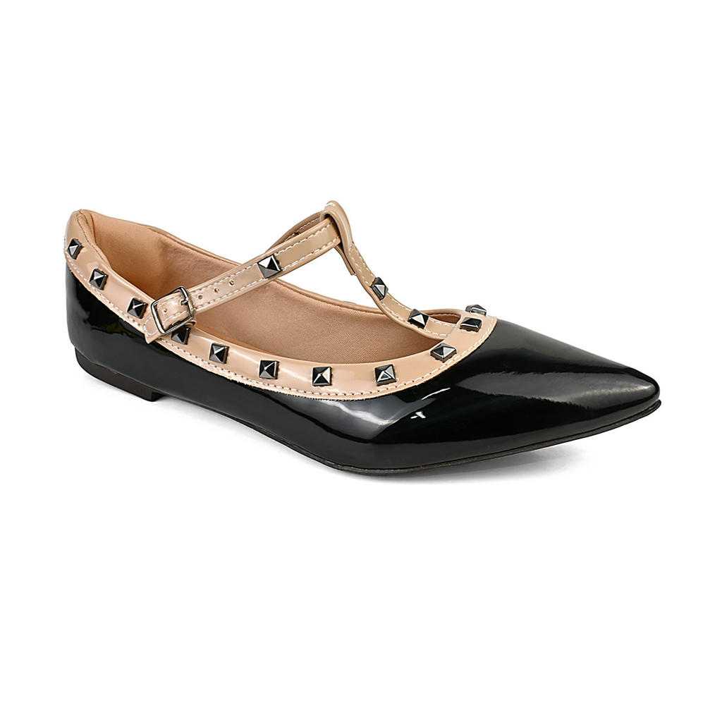 Sapatilha Feminina Bico Fino Mary Jane com Verniz Com spikes e Fivela Confort - Women Shoes