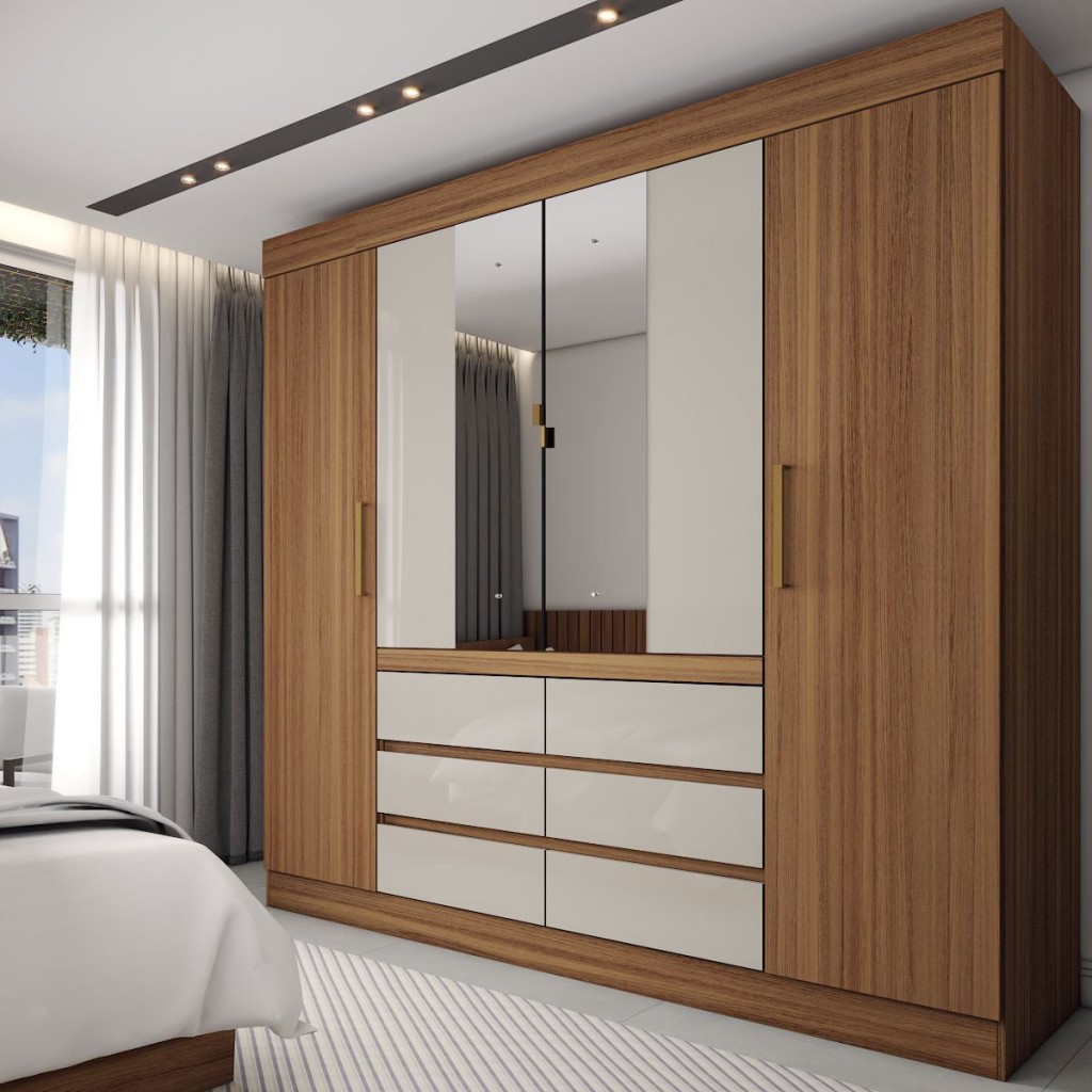 Guarda-Roupa Casal Honey 4 Portas 6 Gavetas com Espelho Amêndola - Panorama Móveis