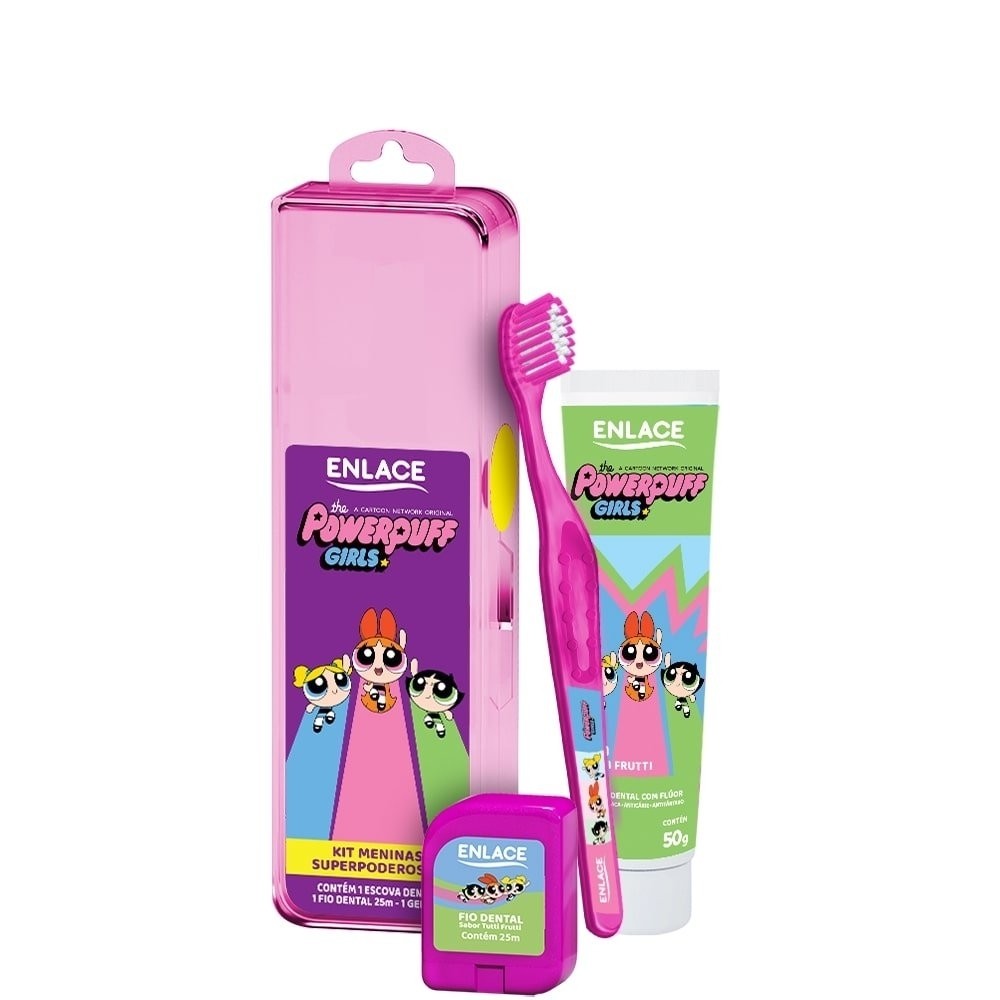 Kit Enlace Meninas Superpoderosas Escova + Creme Dental + Fio Dental + Estojo