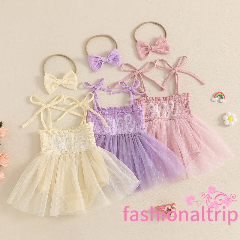 Conjunto De 2 Peças De Roupas De Aniversário Para Bebês Meninas , Sem Mangas , Alça De Gravata , Macacão Com Faixa Cabeç