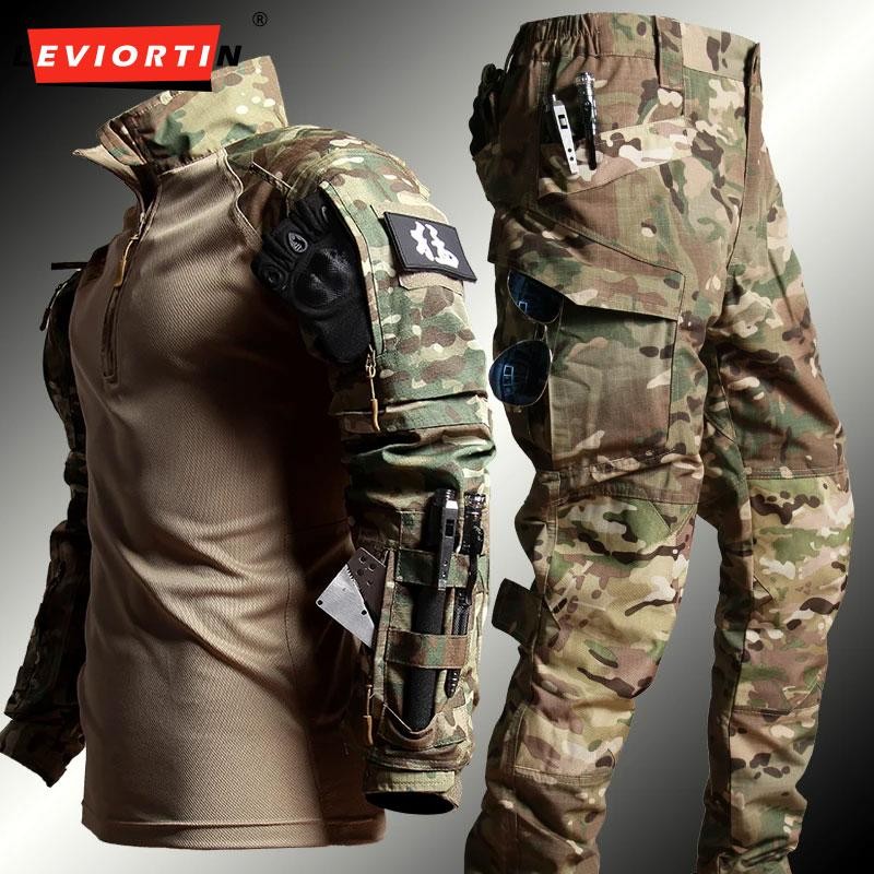 Terno safari Masculino Roupas Ao Ar Livre Manga Longa Camiseta E Calças Resistente Desgaste De Caça De Acampamento