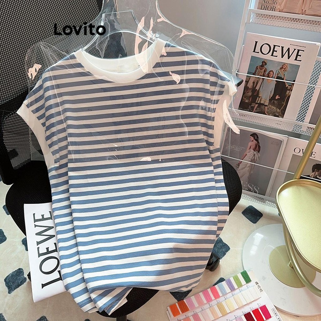 Lovito Camiseta Casual Listrada Contrastante Para Mulheres LNE52095 - Women Clothes