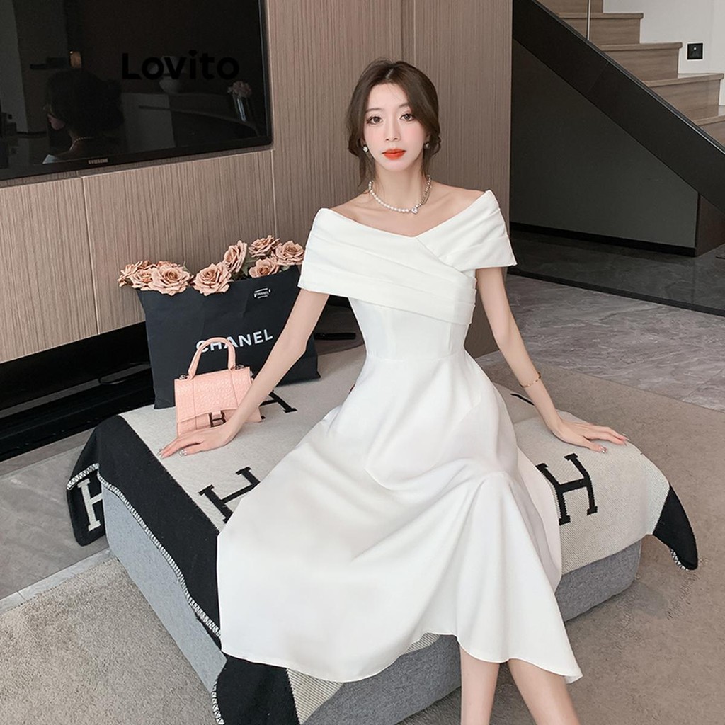 (Trendy) Lovito Vestido Elegante Vestido Drapeado Liso Para Mulheres LNE49157 - Women Clothes