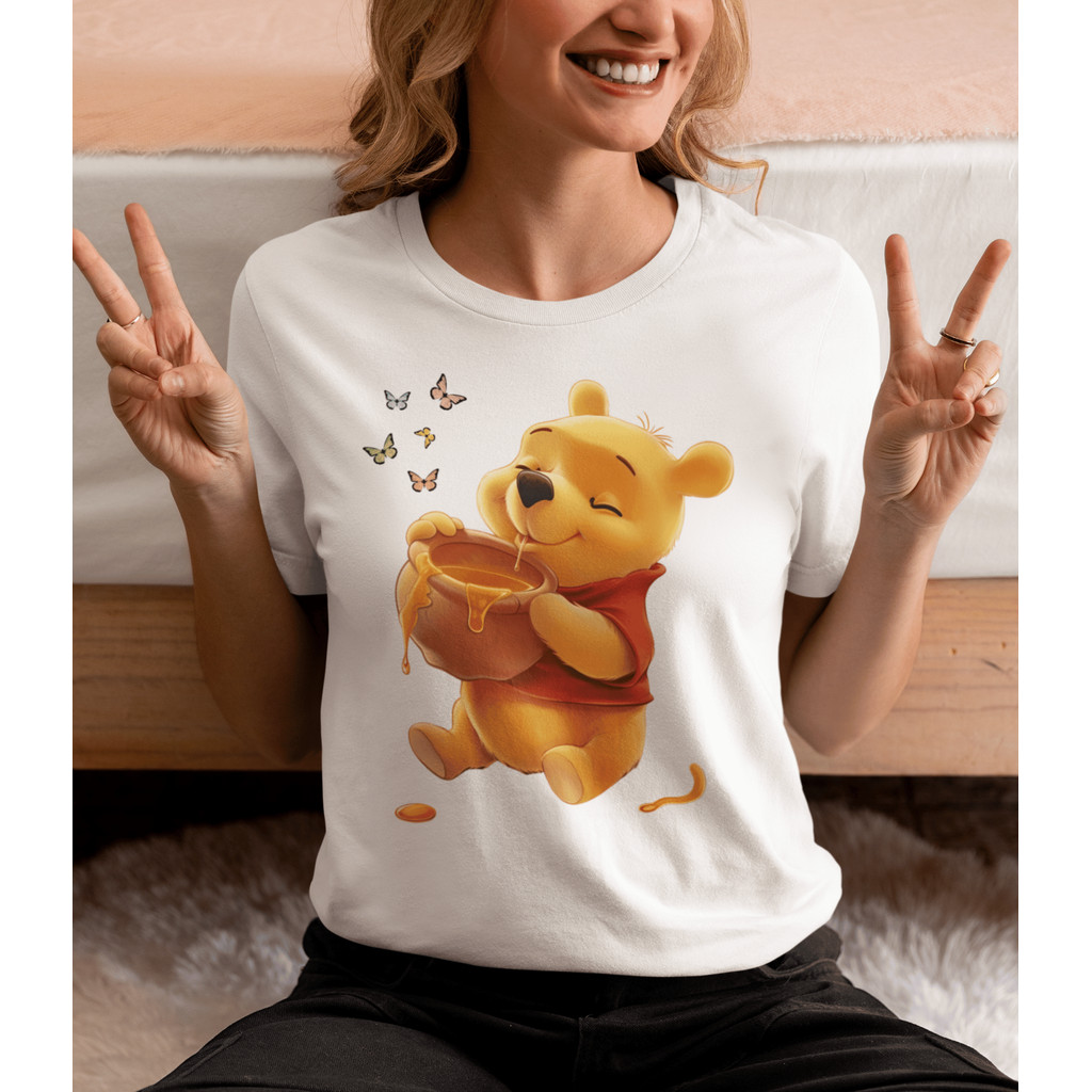 Camiseta Pohh Feminina Ursinho - Blusa de Algodão T-shirt  Branca Urso pooh