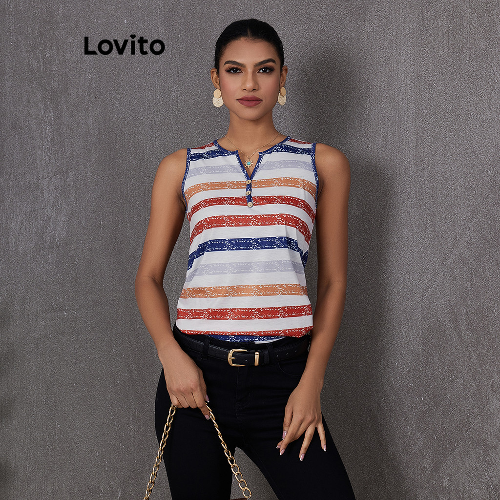 Lovito Casual Listrado Padrão Regata para Mulheres LBL19630 - Women Clothes