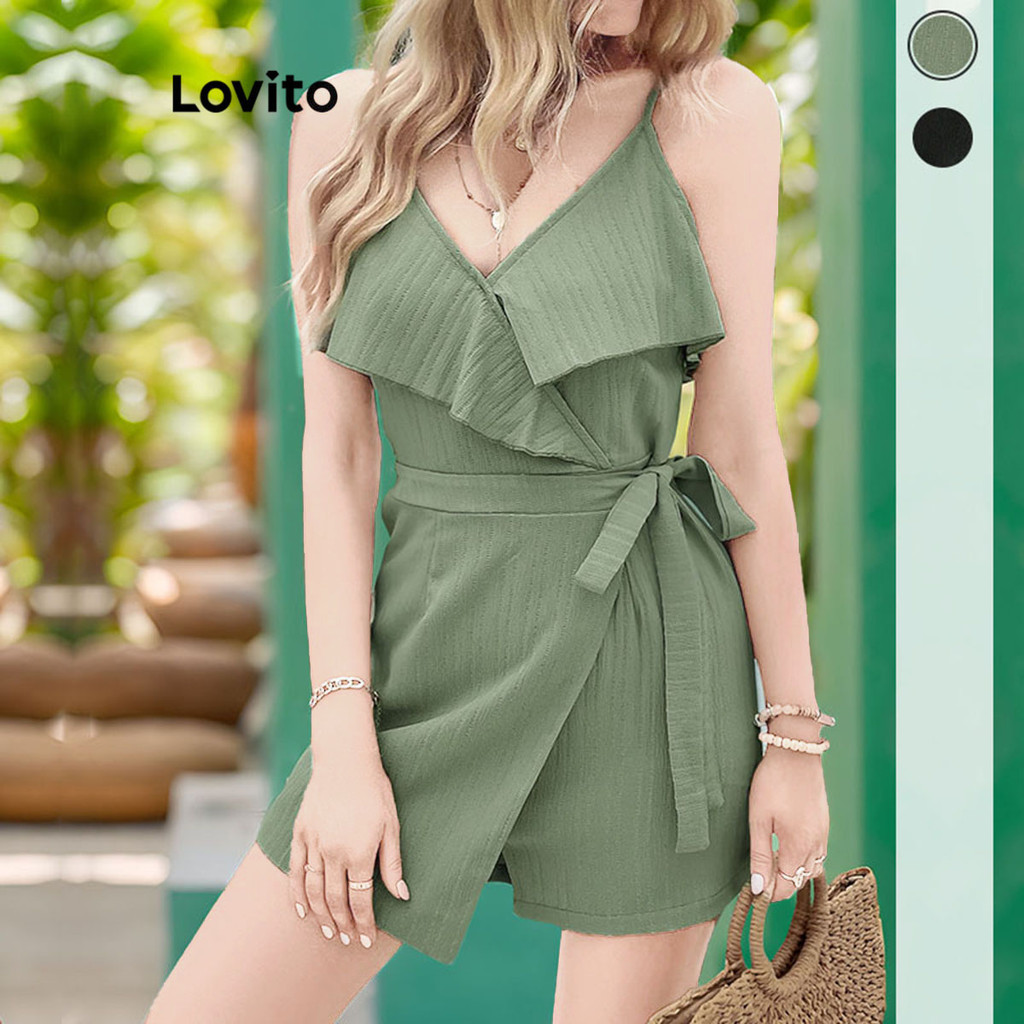 Lovito Macacão casual com babados lisos com renda para mulheres LNM69290 - Women Clothes