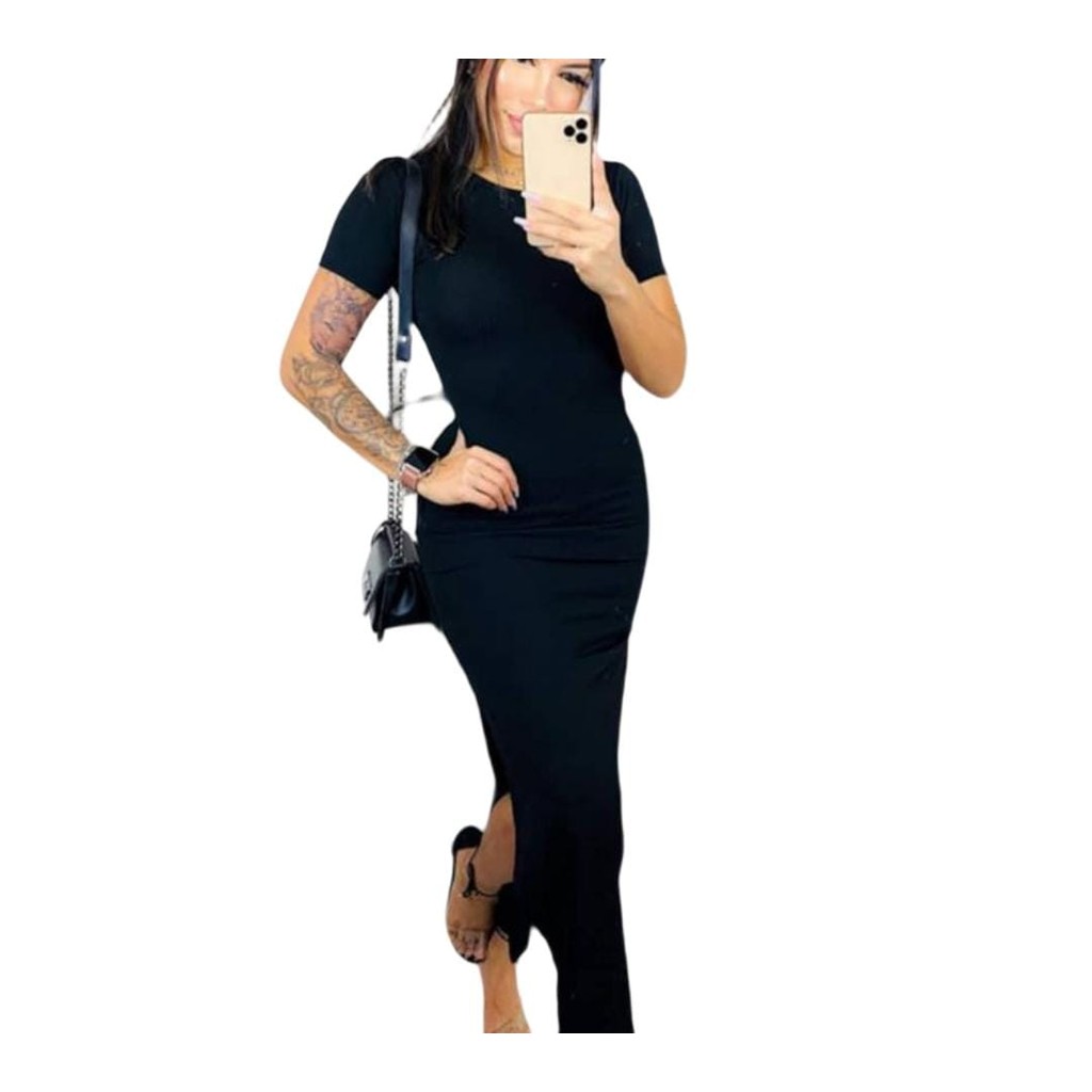 Vestido Feminino longo canelada elastano manga novidade moderno