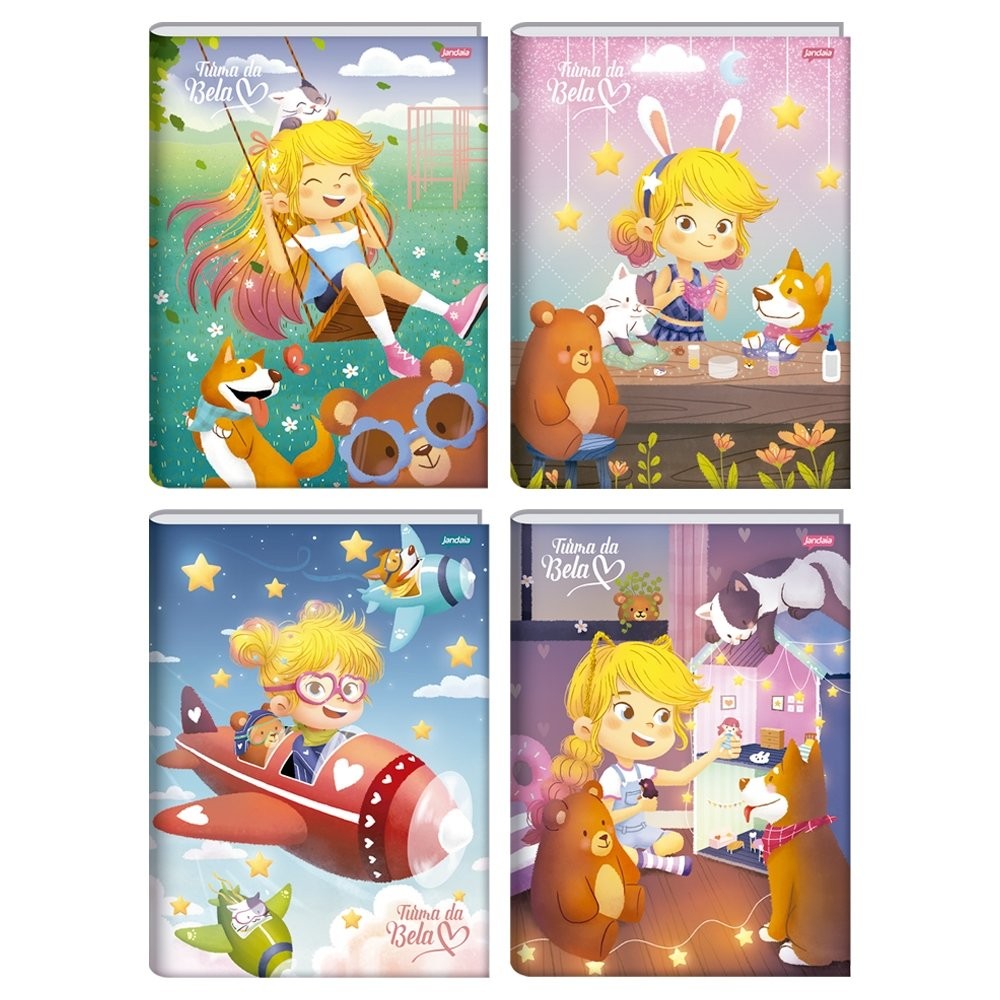 Caderno Costurado 1/4 Jandaia Capa Dura Turma da Bela 80 Folhas Embalagem com 5 Unidades