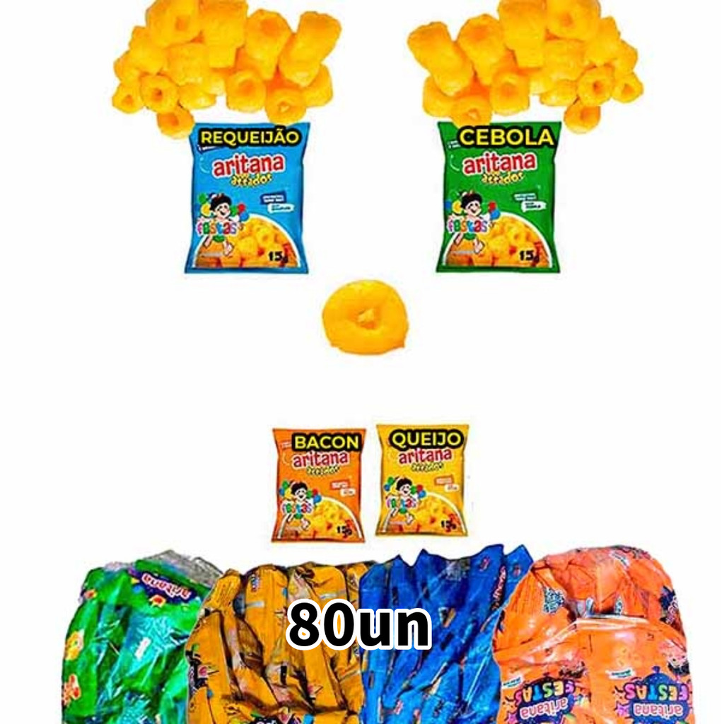 Chips Salgadinho Bacon Queijo Cebola Requeijão MIX kit 80un 15g