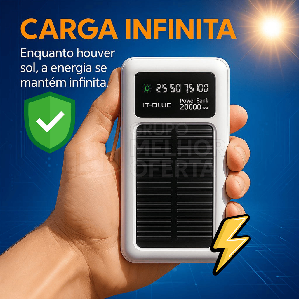 Power Bank Solar Original IT-BLUE 20000mAh com Lanterna LED Cabos Tipo C iOS e Micro USB