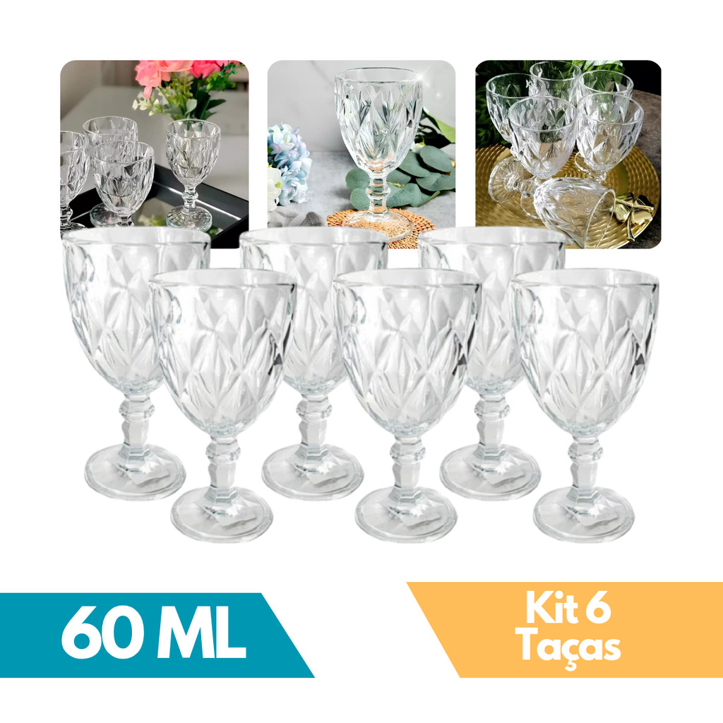 Kit 6 Taças de Licor 60ml Vidro Diamante Cristal Sofisticado Elegante  