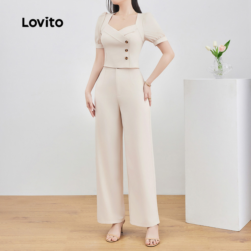 Detalhes do Lovito Conjunto Feminino de Calças Elegantes com Botões Assimétricos para Primavera/Verão em Cáqui Claro L137ED785