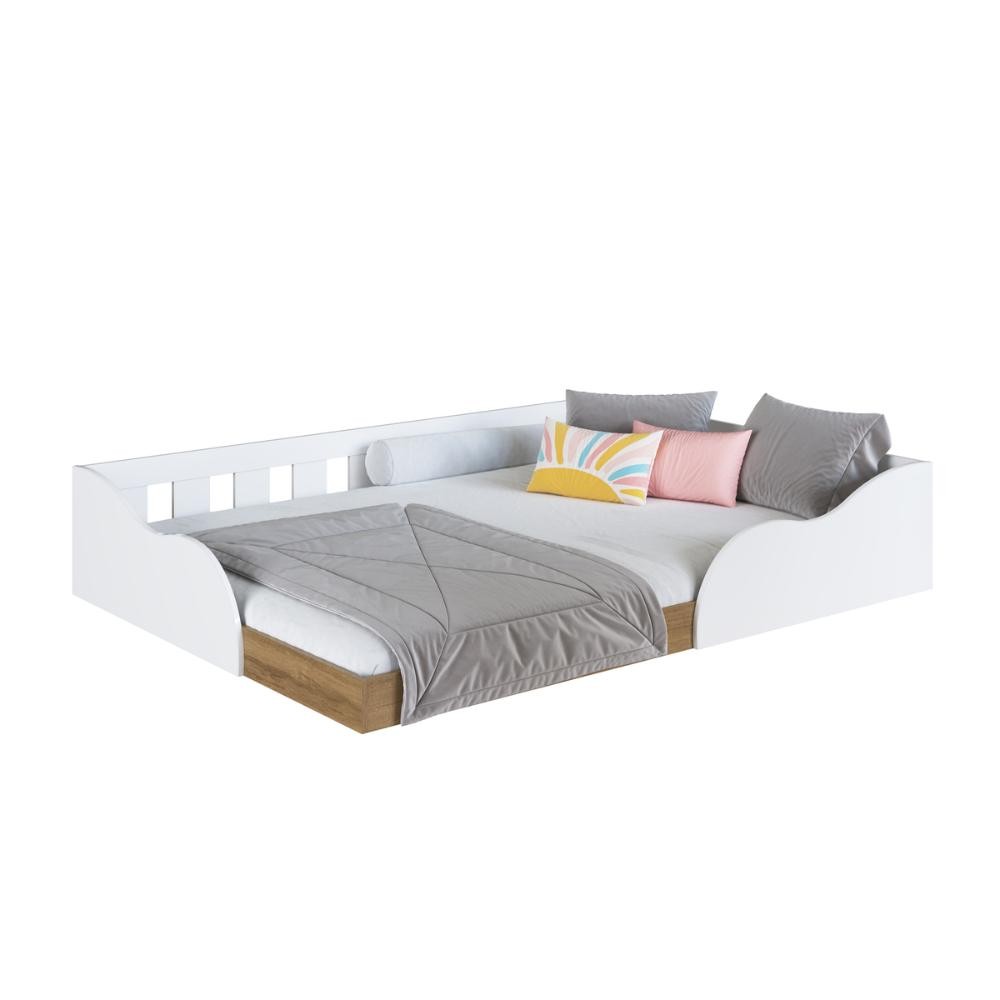 Cama Montessoriana Infantil de Chão Casal com Proteção Lateral CM6140 Branco e Mel - Art In Móveis