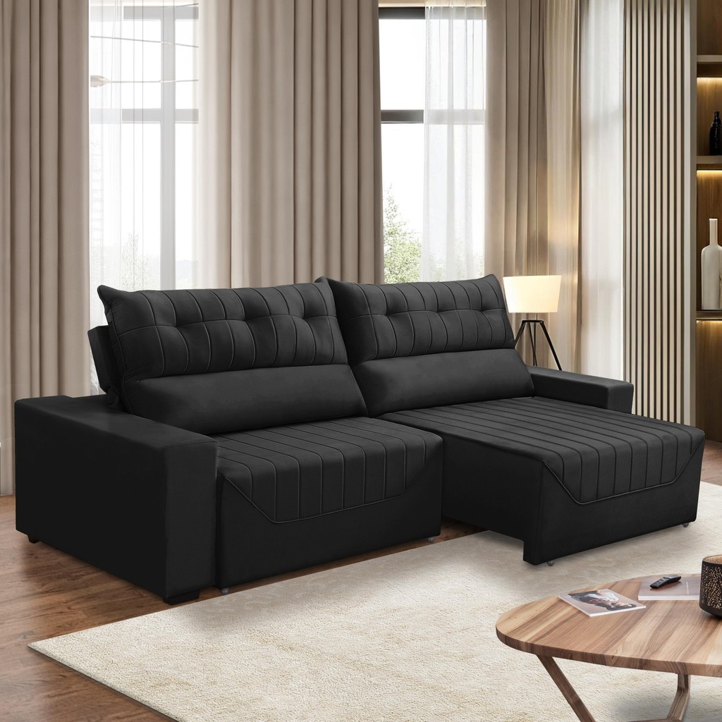 Sofá Retrátil e Reclinável 5 Lugares 3,00m Antonella Veludo Preto Adonai Estofados em Oferta na Shopee