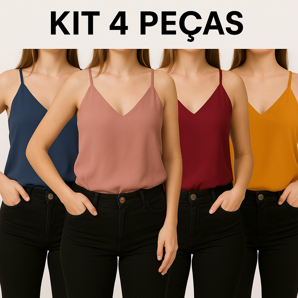 Kit 4 Blusas Feminina Regata Alça Regulável Blusinha Alcinha Básica Crepe