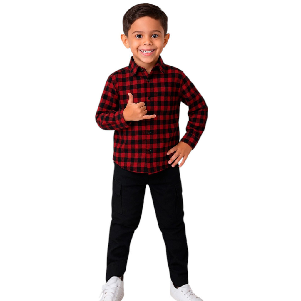 Conjunto Infantil Juvenil Camisa Xadrez Manga Longa E Calça Sarja Festa Junina