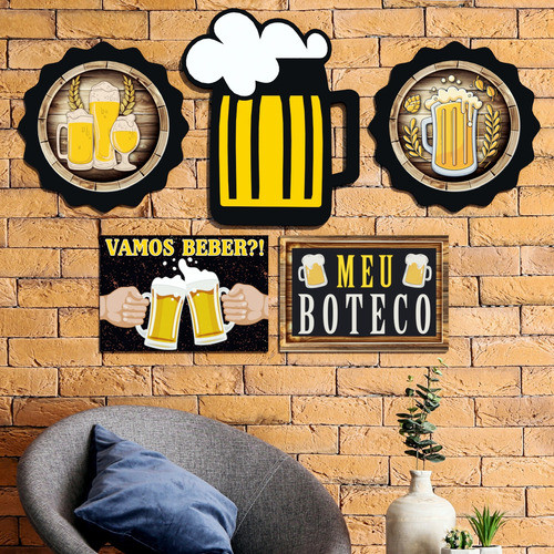 Kit Placas Área De Lazer Esculturas Tampinhas Caneca Cerveja