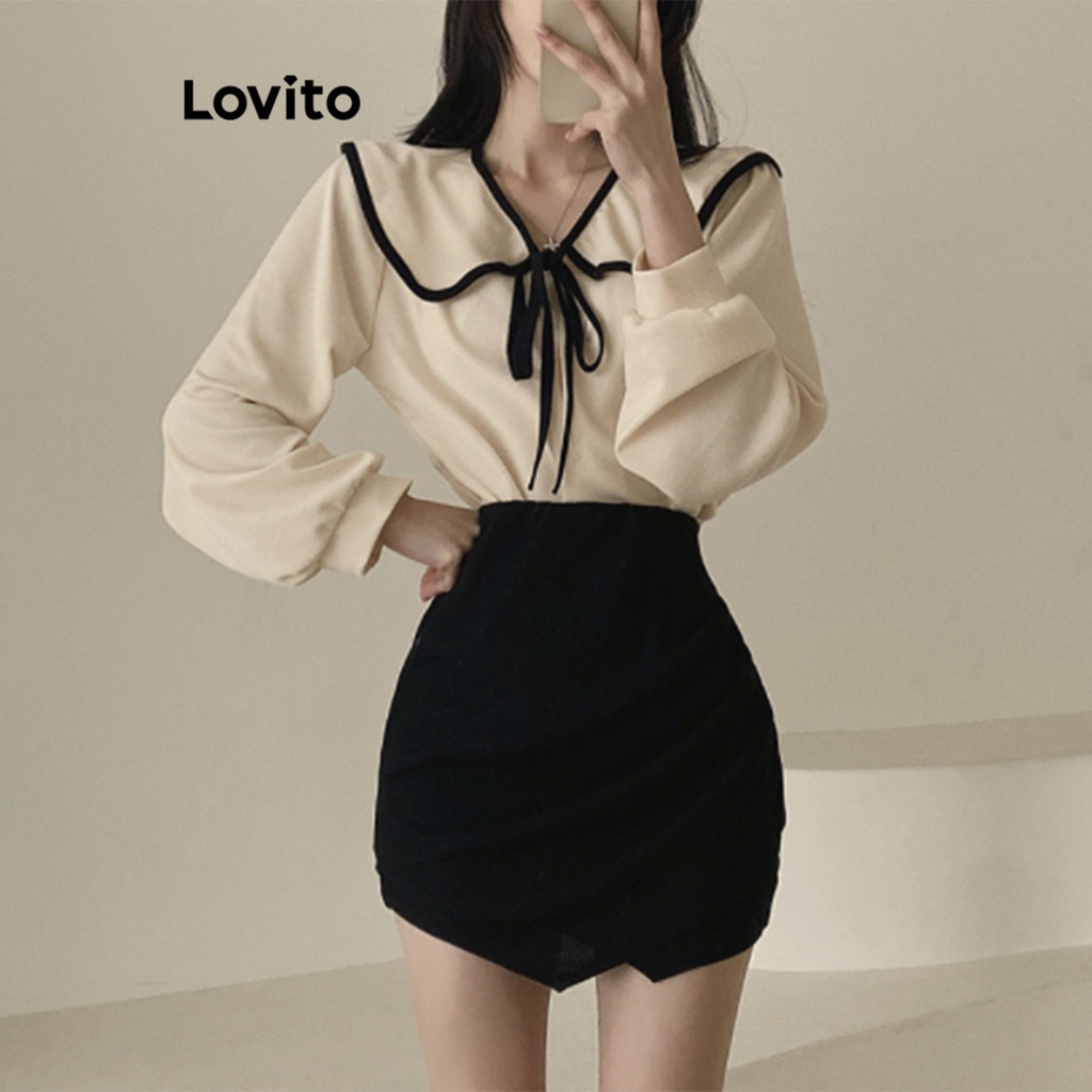 (Trendy) Lovito Casual Blusa Manga Bispo com Babados e Fita de Contraste LNE24175 (Multicolorido) - Women Clothes