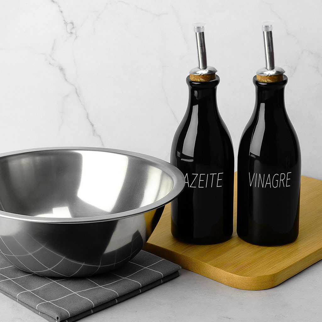 Kit 2 Garrafas Galheteiro Porcelana Preta 270 ml Decorado Azeite e Vinagre