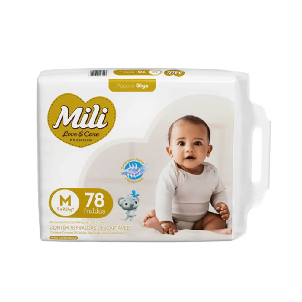Fralda Descartável Mili Love Care Giga c/ 78 unidades - Tam M - Fralda Bebê Descartável M — Oferta Verificada