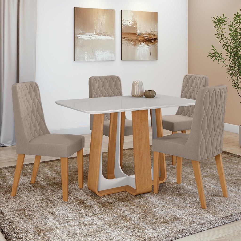 Conjunto Sala de Jantar Mesa Easy Pop 120x80cm Tampo Vidro/MDF com 4 Cadeiras Seat Suede Bege Amendoa/off em Oferta na Shopee