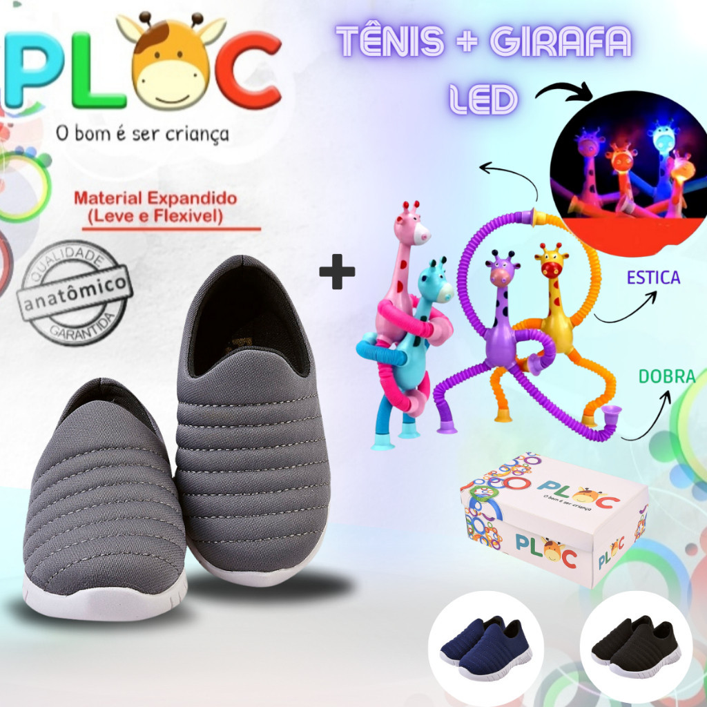 Kit Divertido Ploc - Tênis Calce Fácil Anatômico+ Girafa Ploc LED Estica e Puxa CINZA MENINO