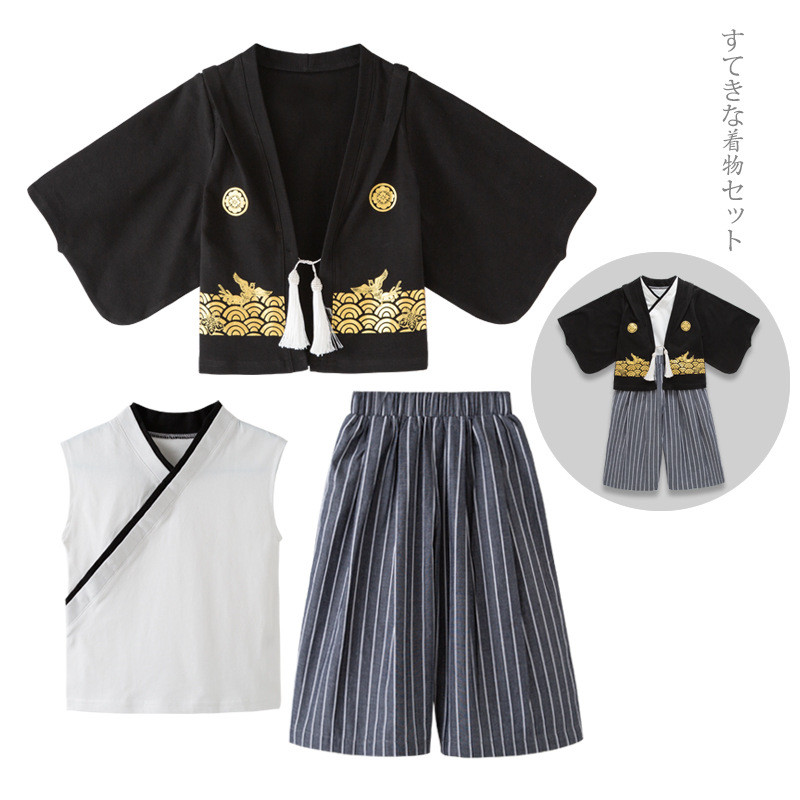 Kimono Japonês Para Crianças Menino Preto Cinza Yukata Roupas Casuais Haori Casaco Colete Calças Quimono Bebê Conjunto D