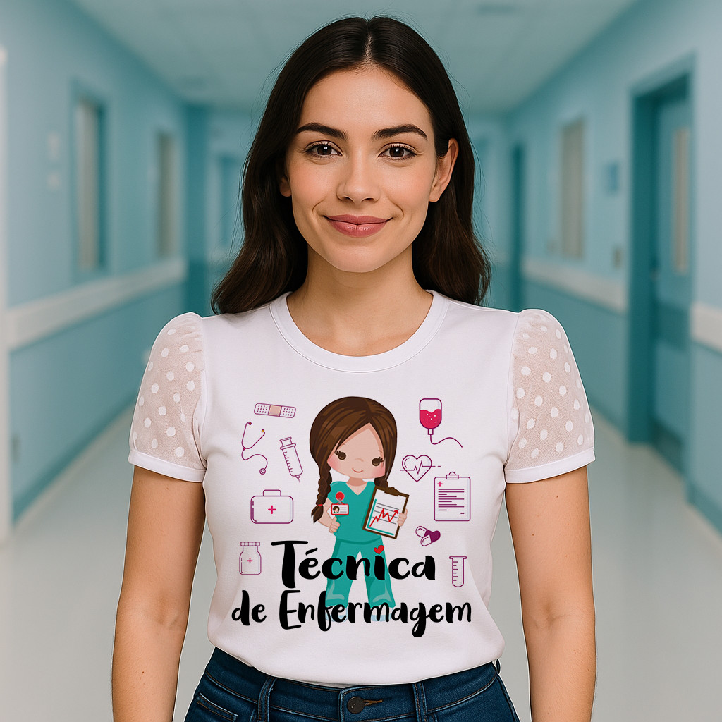 Blusa Feminina Com Manga Tule Luxo Enfermagem - Técnica Enfermagem