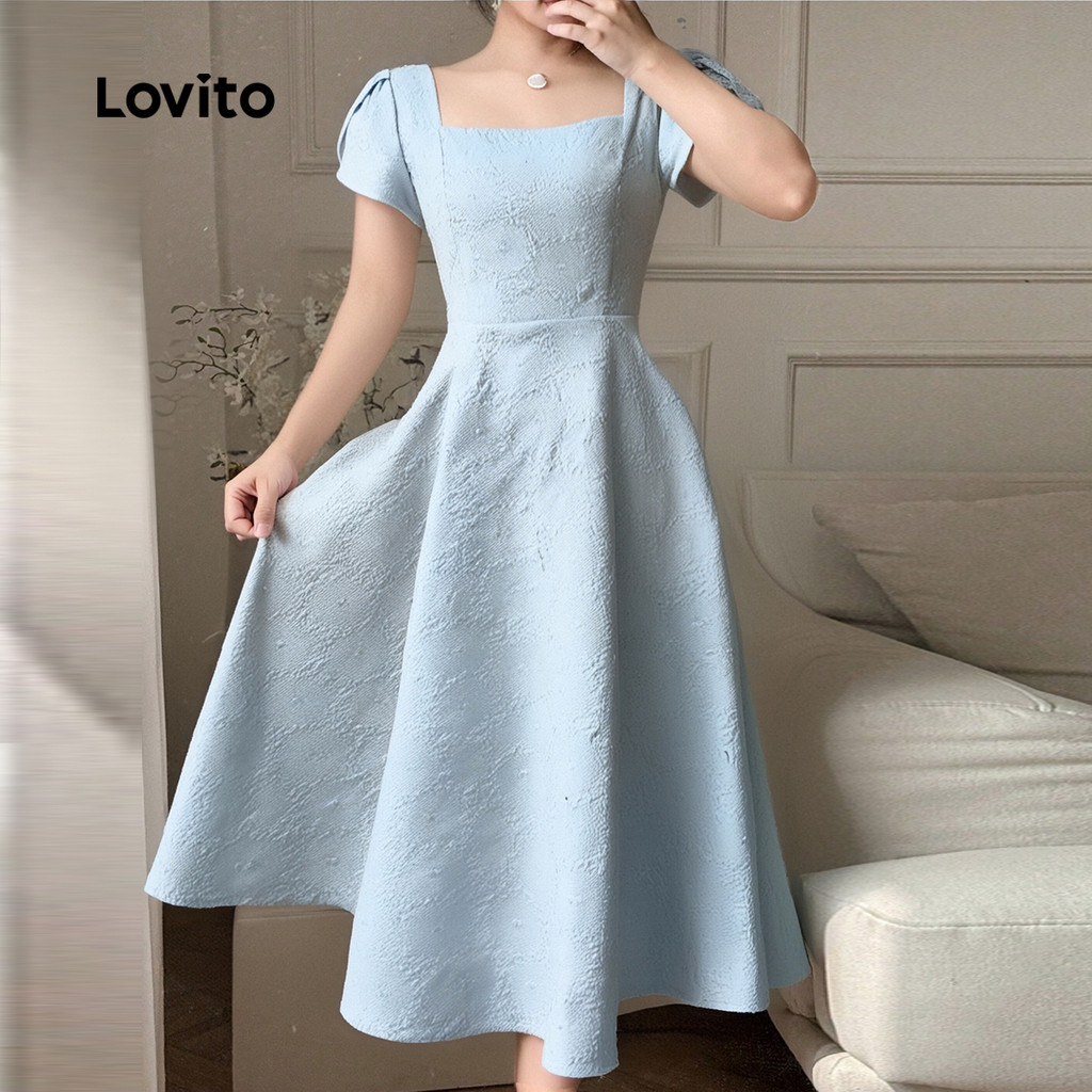 (Trendy) Lovito Elegante Ditsy Floral Estrutura Linha Dividida Verão Primavera Vestido Azul Claro Para Mulheres LBL25116 - Women Clothes
