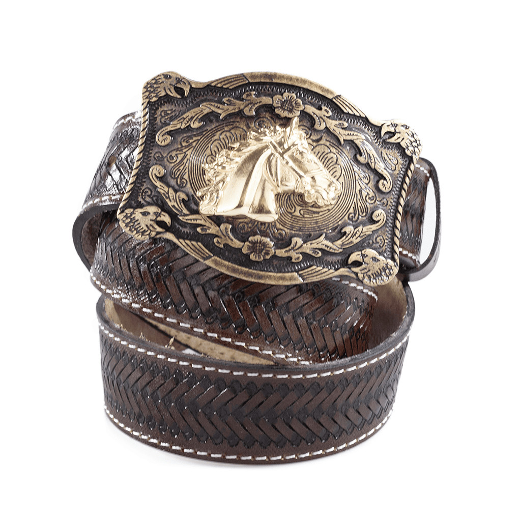 Cinto Largo Country Masculino em Couro Gravado a Mão Fivela Grande Cavalo Rodeio