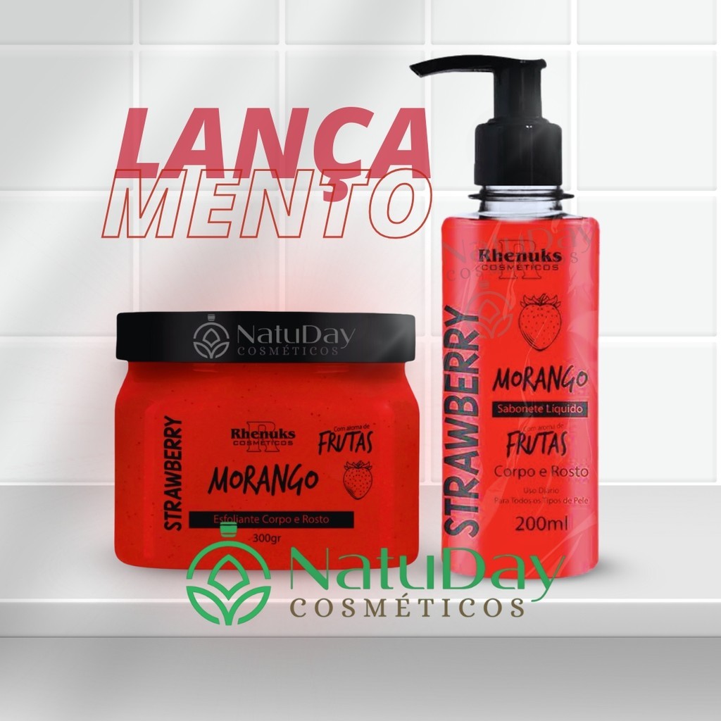 Kit Esfoliante + Sabonete Líquido Corpo & Rosto  Morango  - Rhenuks