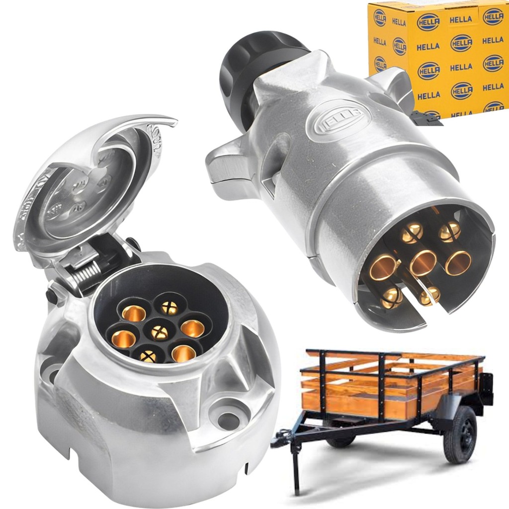 Kit Par Tomada Elétrica Engate para Carretinha Redonda Metal Alumínio 7 Pólos (Hella 8JB001941002 8JA001918002) em Oferta na Shopee