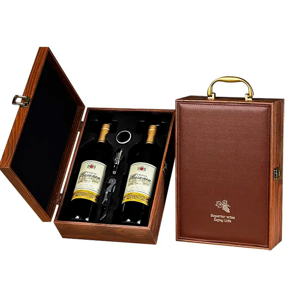Caixa Maleta para Transporte de Vinho P/ Duas Garrafas com Acessórios - Marrom
