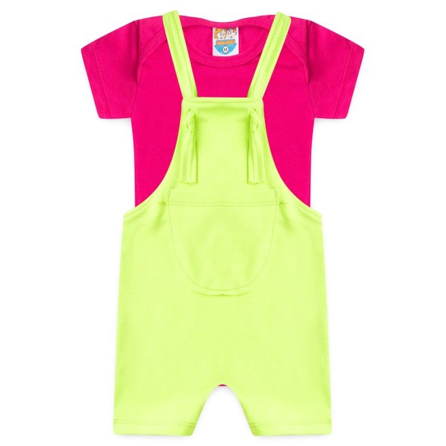 Kit Bebê Jardineira Curta Body Pink com Verde Neon