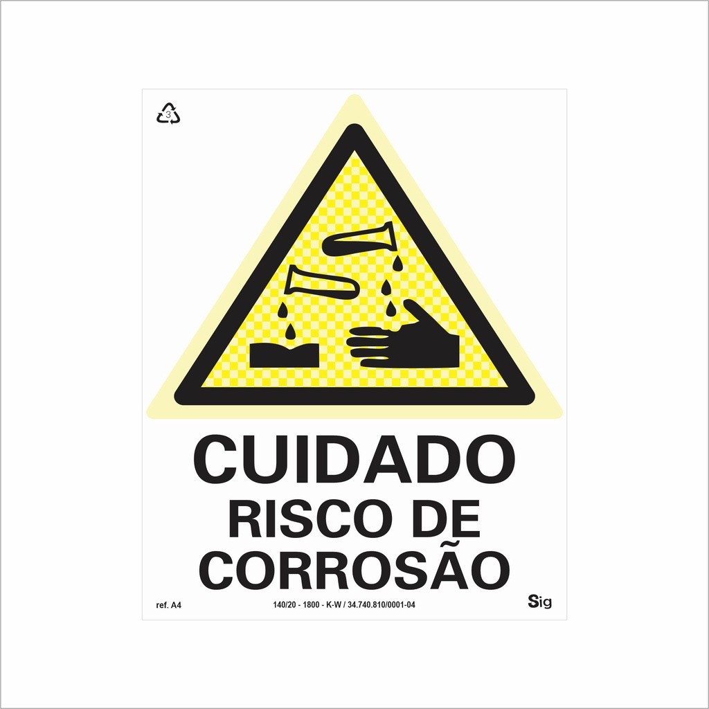 Placa de Sinalização Alerta Cuidado Risco de Corrosão Fotoluminescente Antichamas