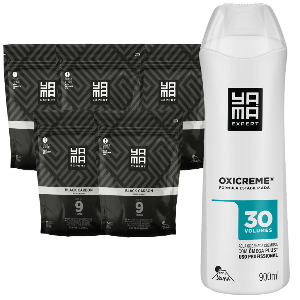 Kit 5 Pó Descolorante Black Carbon + Oxigenada 30 Volumes 900ml Grande Profissional 8 Tons Yama 300g