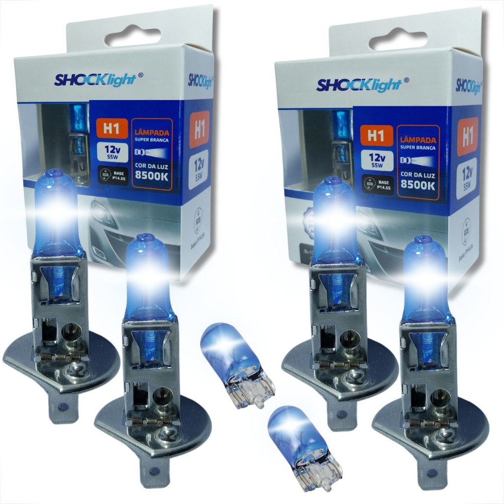 KIT 2 PARES DE LÂMPADAS H1 SUPER BRANCA + 2 PINGO T10  SUPER BRANCO SHOCKLIGHT FAROL ALTO BAIXO LANTERNA