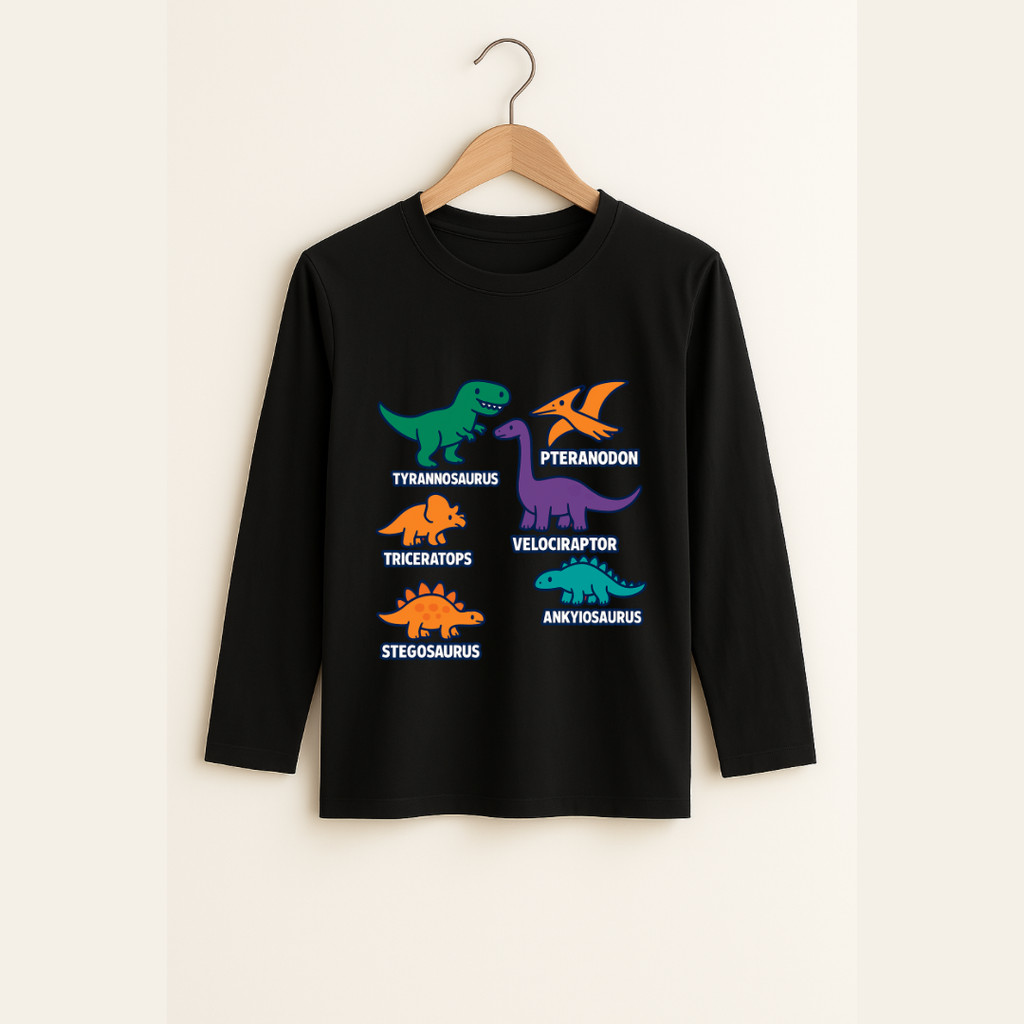 Camiseta Lisa Manga Comprida Longa Infantil Menino Estampada Dinossauro 100% Algodão Malha Premium Boho 2 ao 8 anos