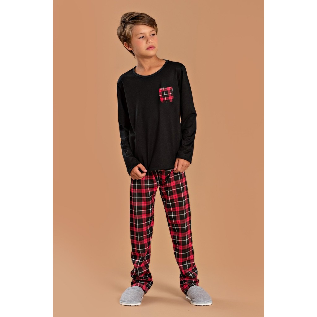 Pijama Infantil Masculino Bolso Xadrez Vermelho em Oferta na Shopee