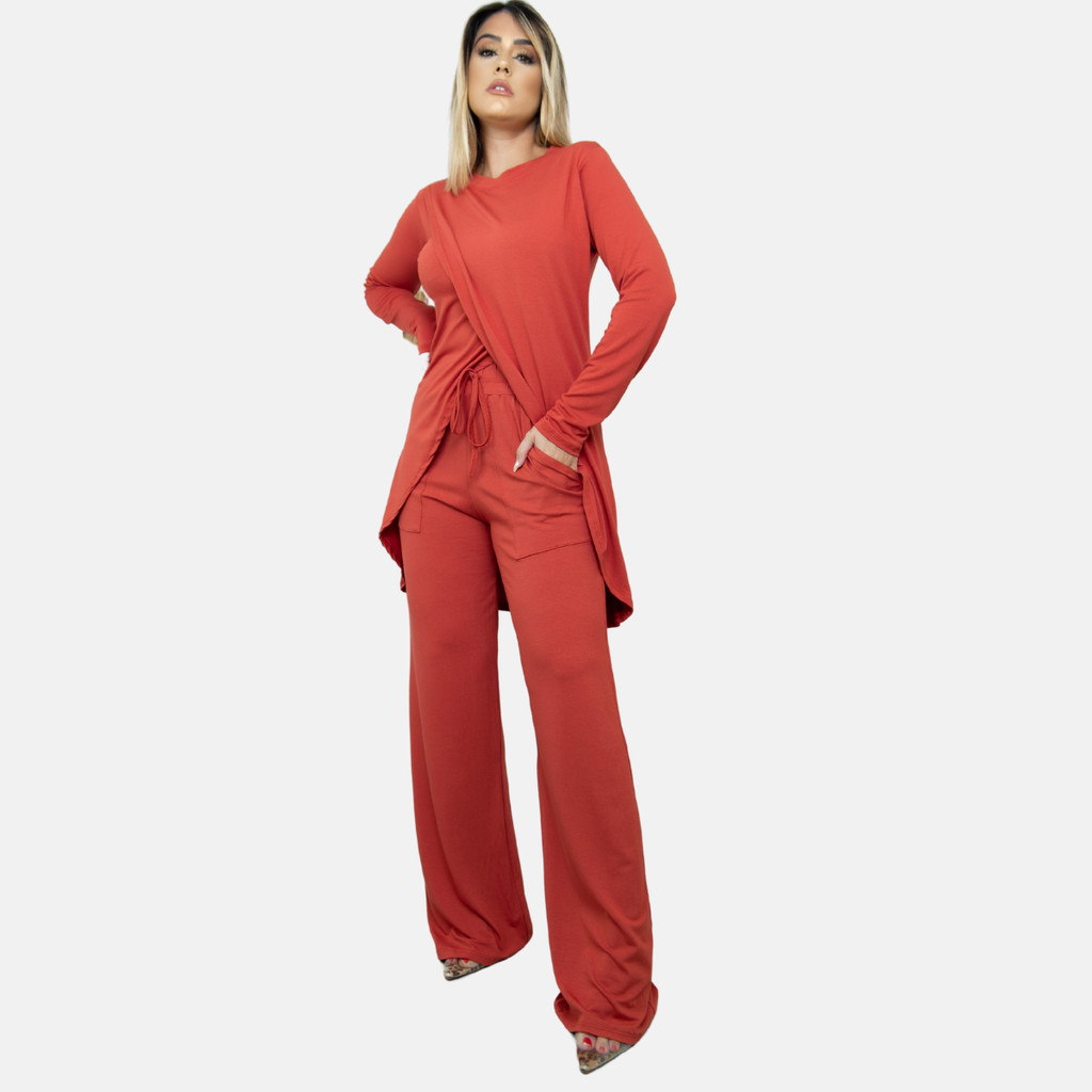 Conjunto Feminino Blusa Mullet Cruzada e Calça Munique