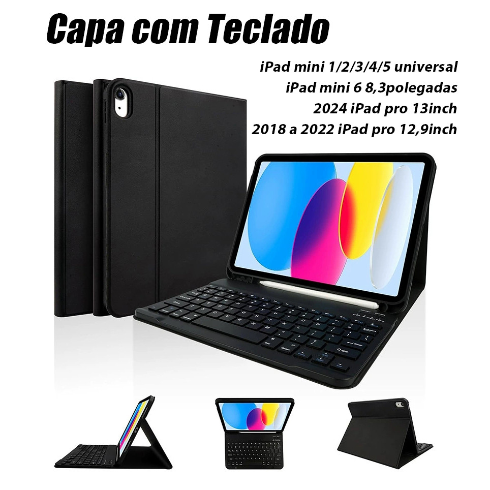Capa com Teclado Para iPad mini 1/2/3/4/5/6, 2018 a 2022 iPad pro 12,9inch, 2024