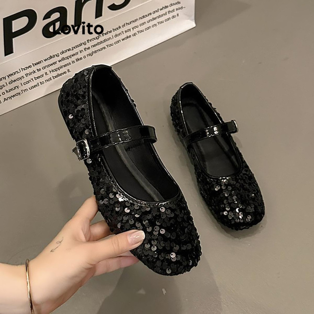 Lovito Vintage simples Flash lantejoulas Mary Jane apartamentos festa combinando Ballet plana para mulher  LFA65291 - Women Shoes