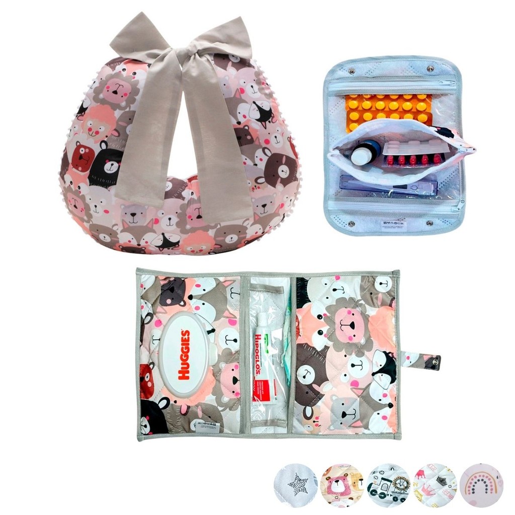 Necessaire Porta Remédios Portátil + Porta Fraldas lenço Umedecido e Pomada + Almofada Amamentação Para Bebê