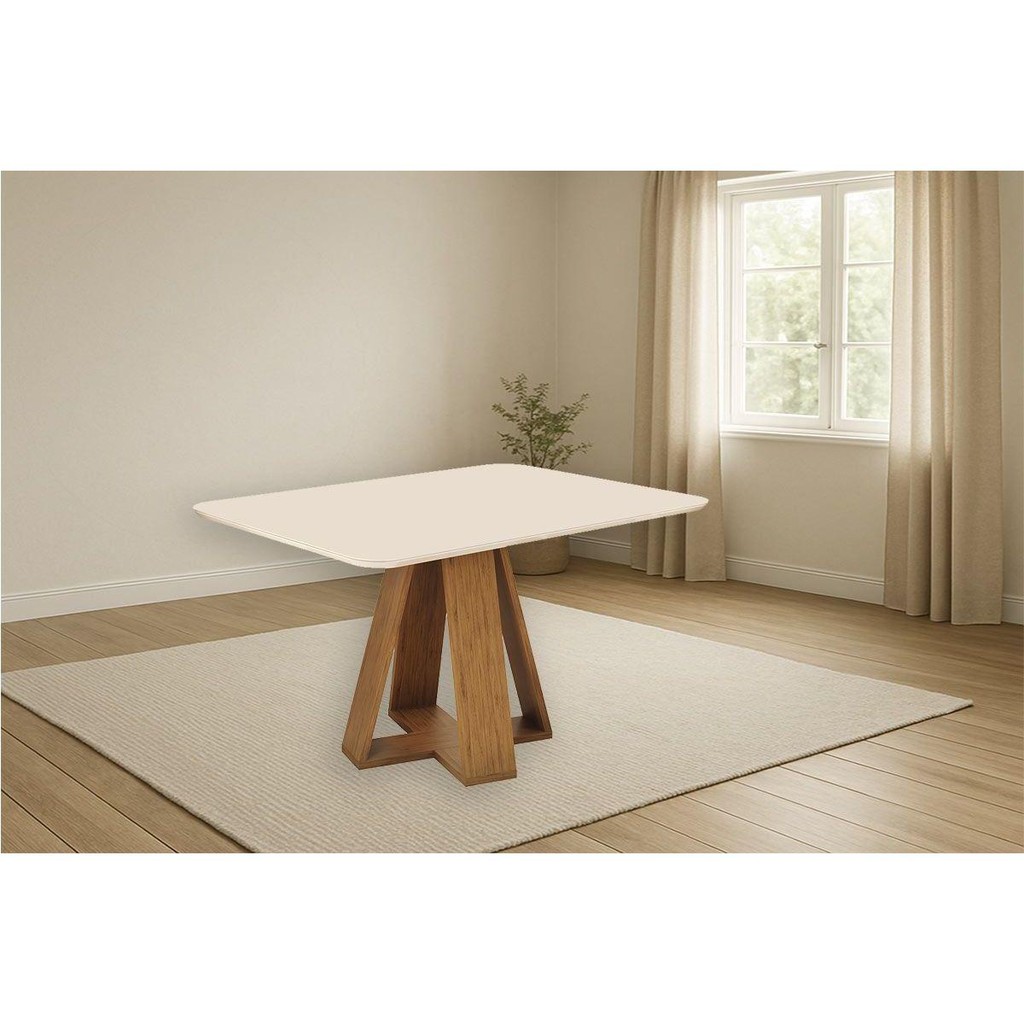 Mesa de Sala Jantar Kiara c/ Tampo Madeirado c/ Vidro Curvo 120x90cm Freijo/Off White - DJ Móveis em Oferta na Shopee