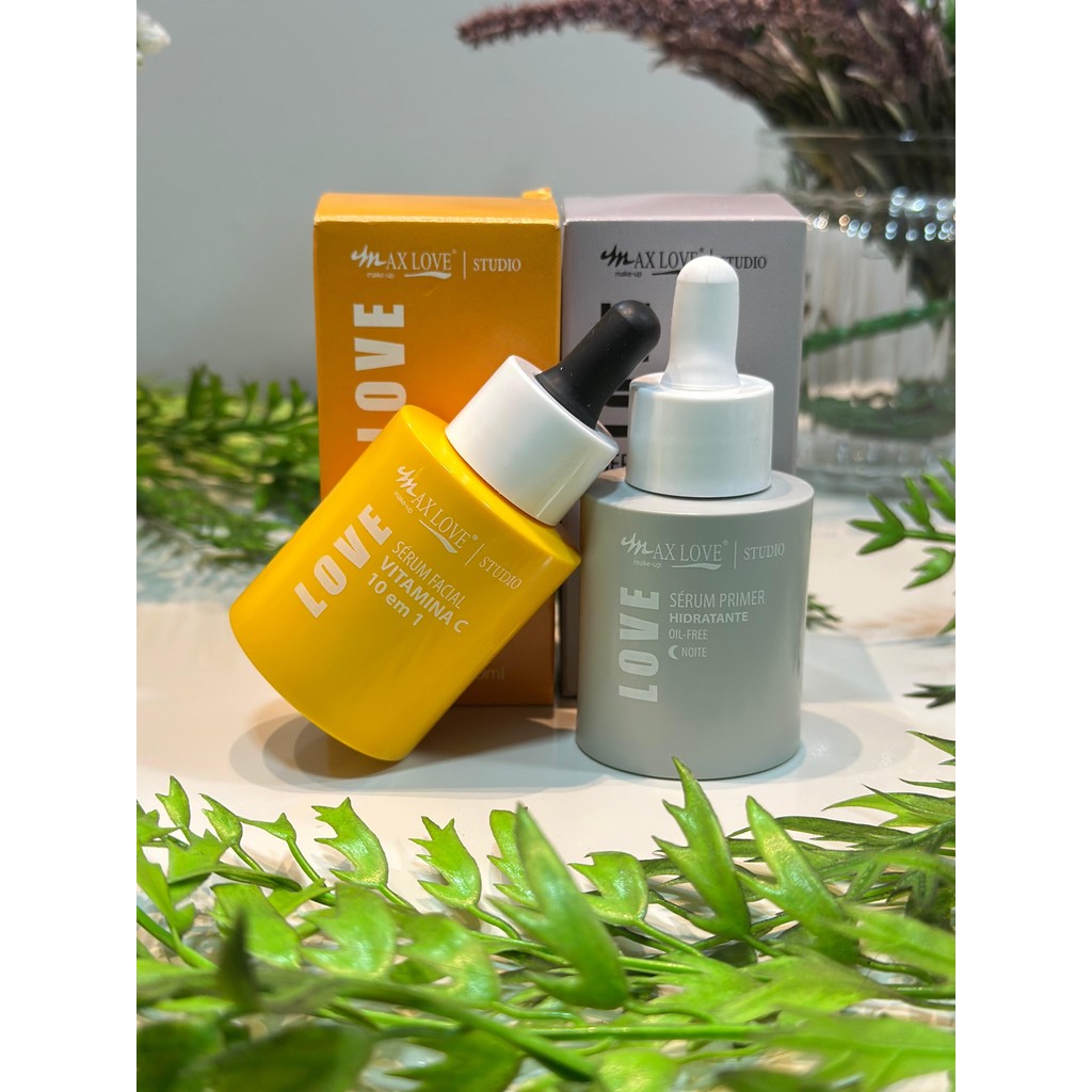 Kit 2 Séruns Max Love | Vitamina C 10 em 1 + Sérum Primer Hidratante Noite | 30ml Cada | Oil-Free | Amavi Beauty